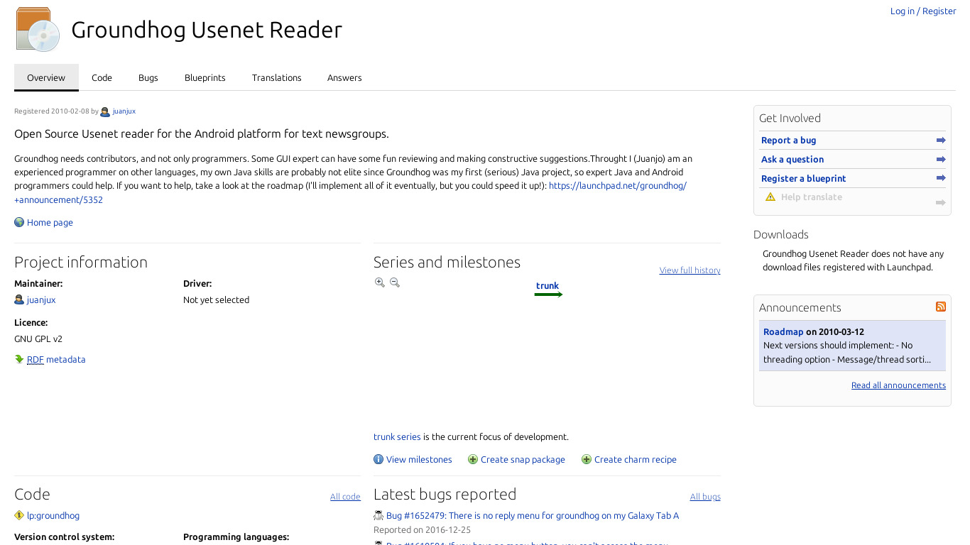 Groundhog Usenet Reader Landing page
