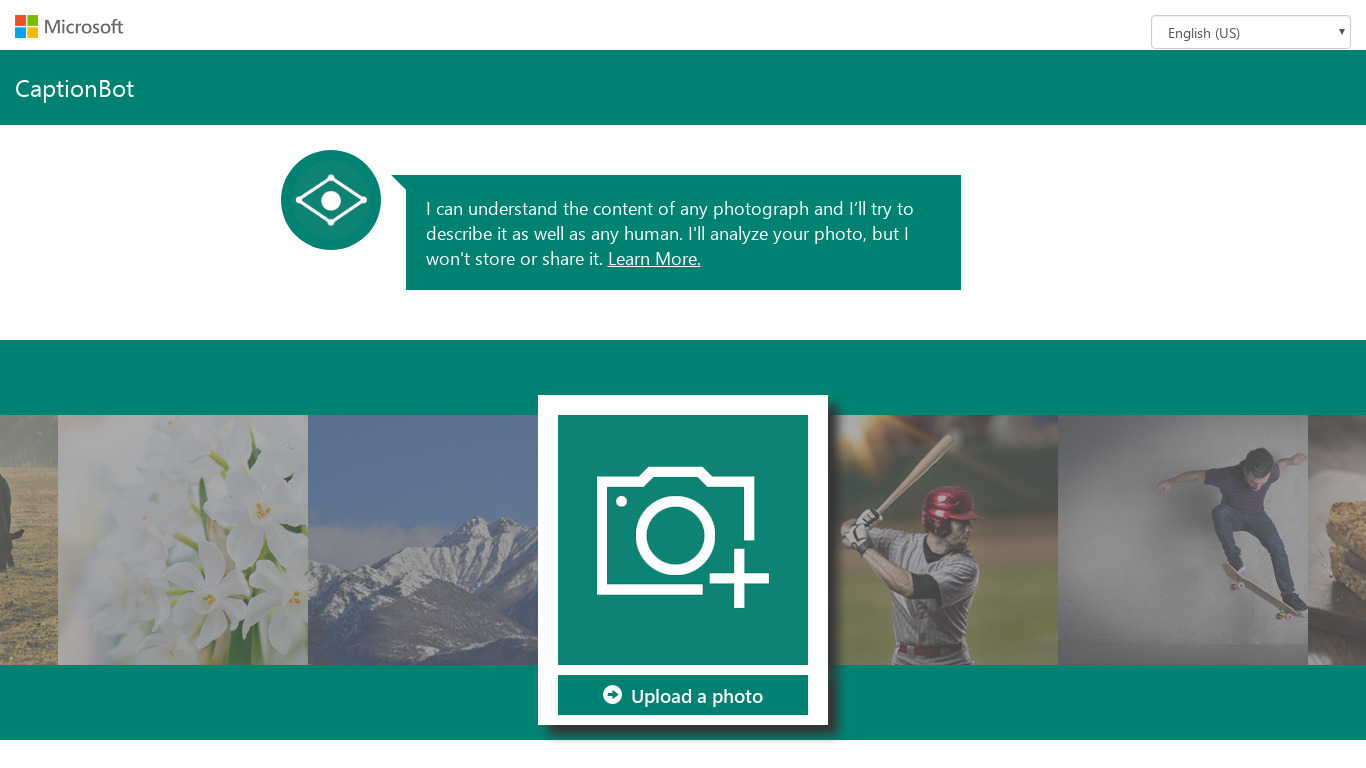 CaptionBot by Microsoft Landing page