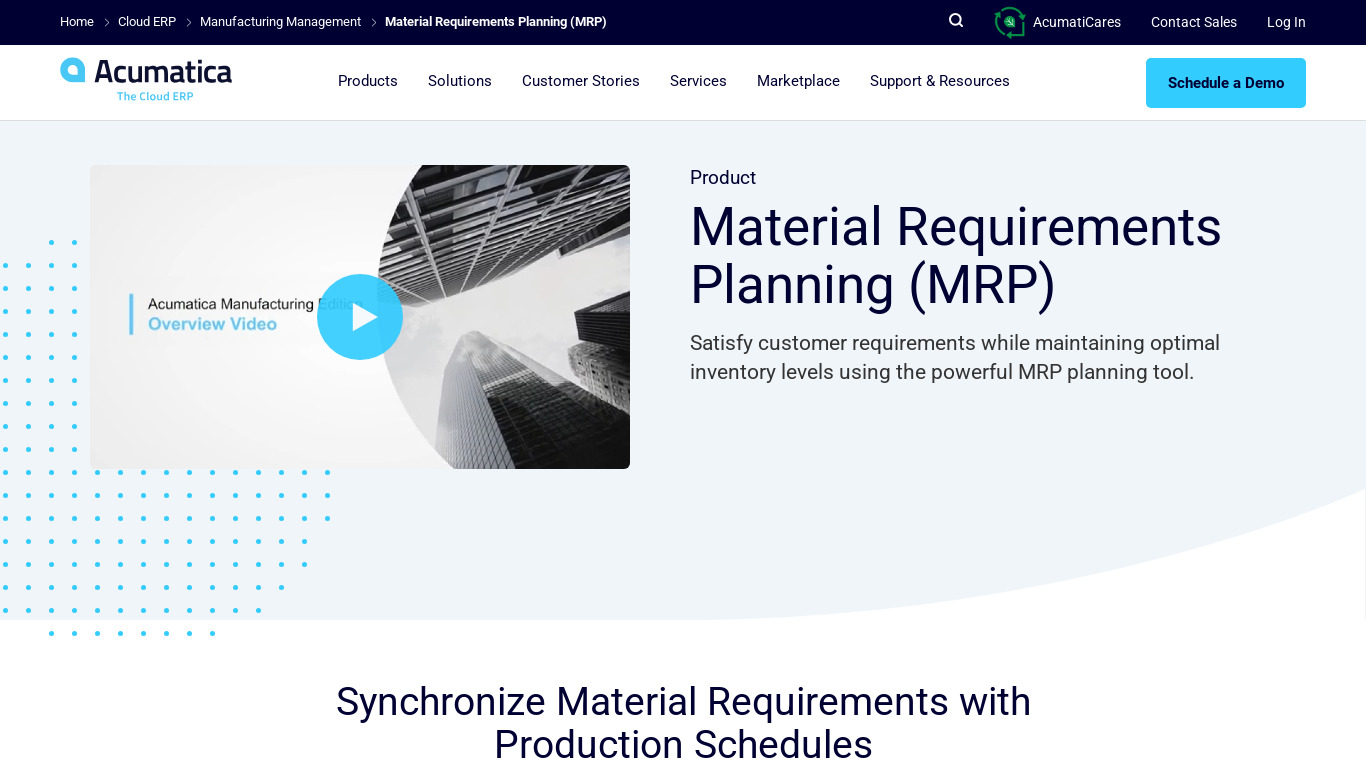 Acumatica Material Requirements Planning Landing page