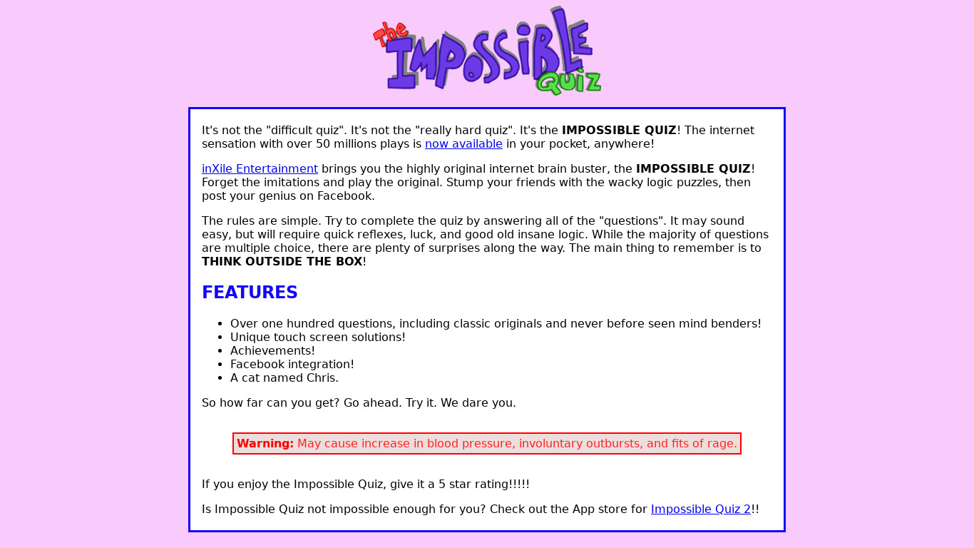 sparkworkz.com The Impossible Quiz Landing page