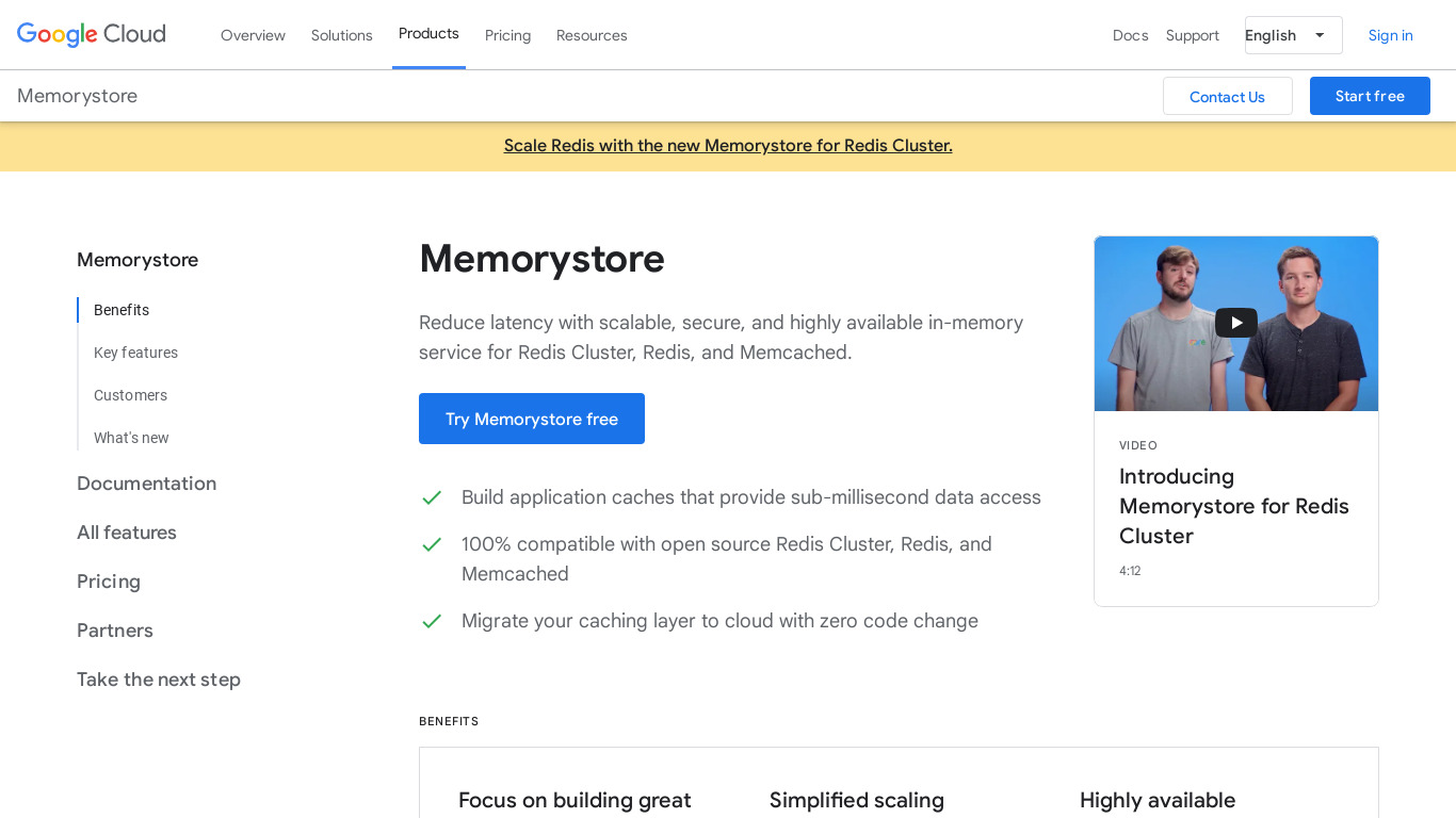 Google Cloud Memorystore Landing page