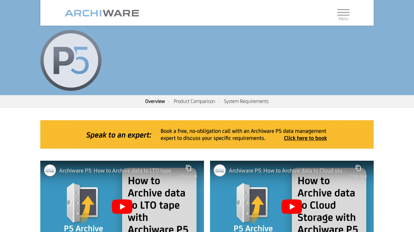 Archiware P5 Backup Landing page