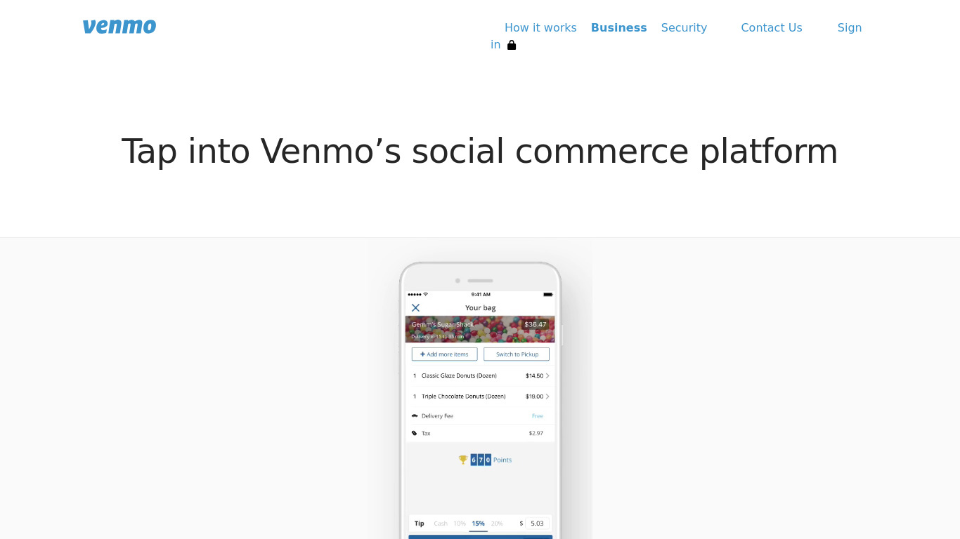 Venmo for Business Landing page