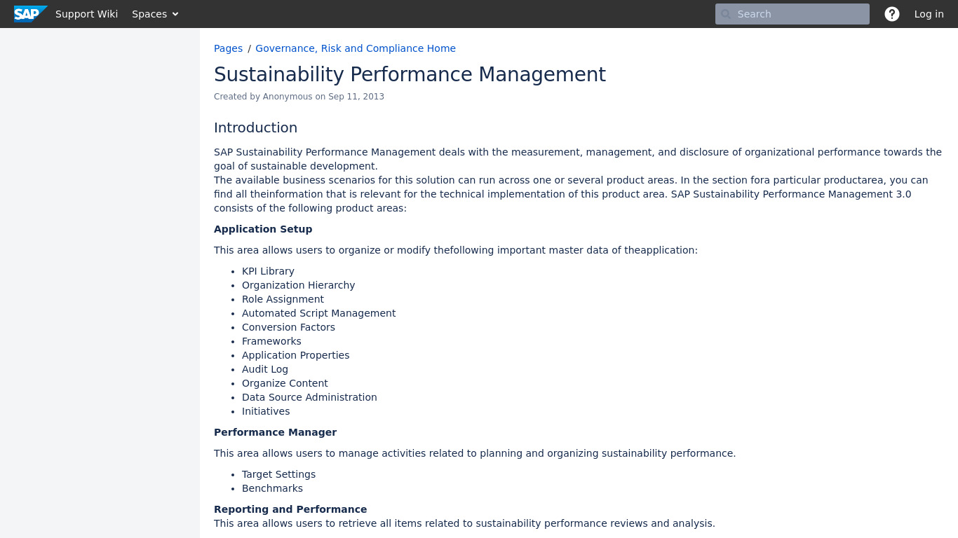 SAP Sustainability Performance Management Landing page