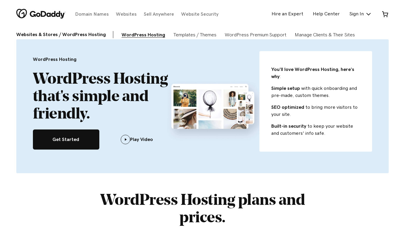 GoDaddy Wordpress Hosting Landing page