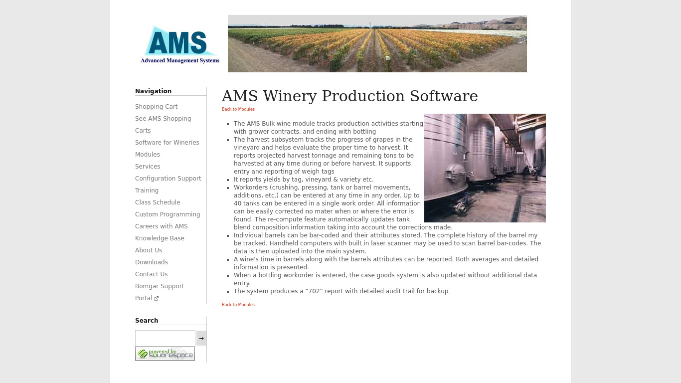 AMS Winery Production Software Landing page