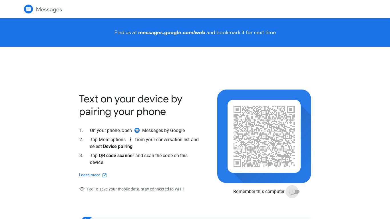 Android Messages Landing page