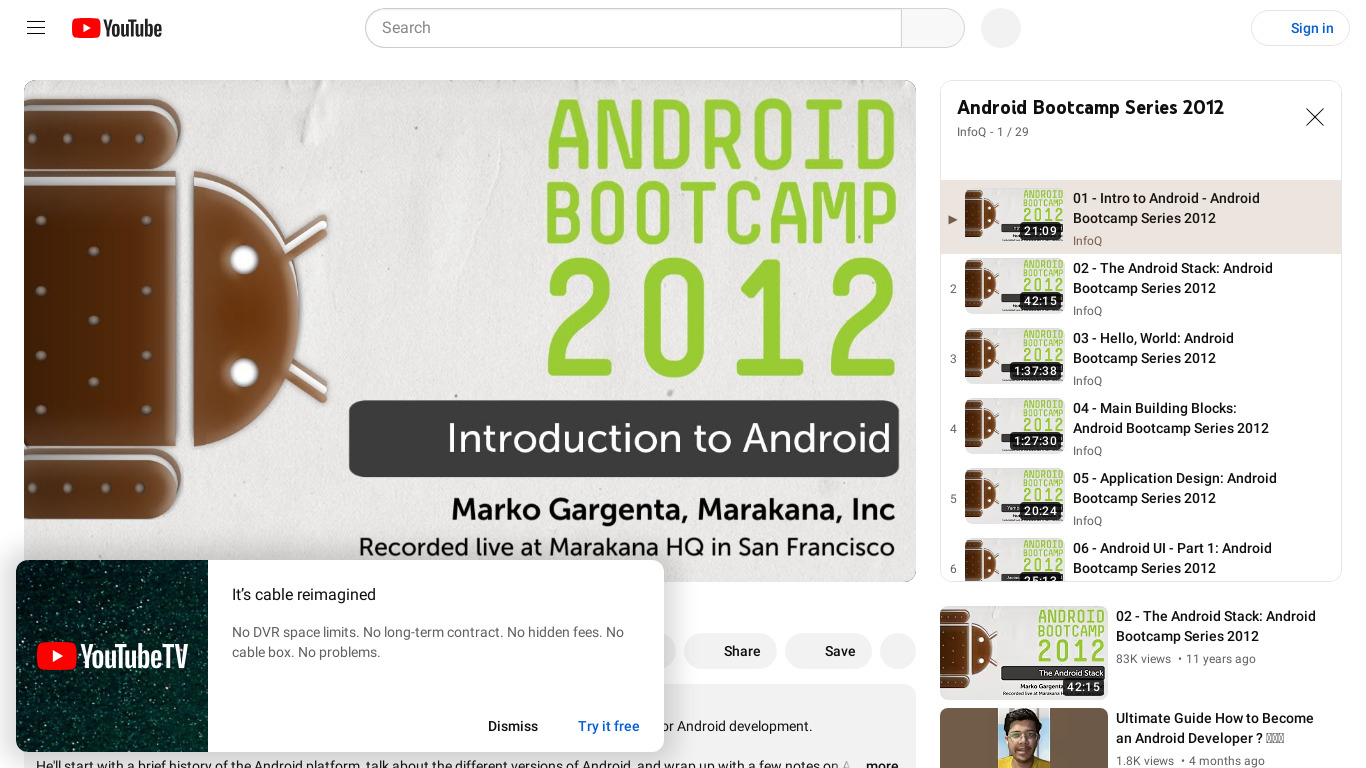 Android Bootcamp video course Landing page