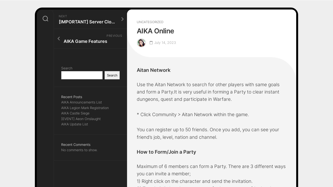 Aika Online Landing page