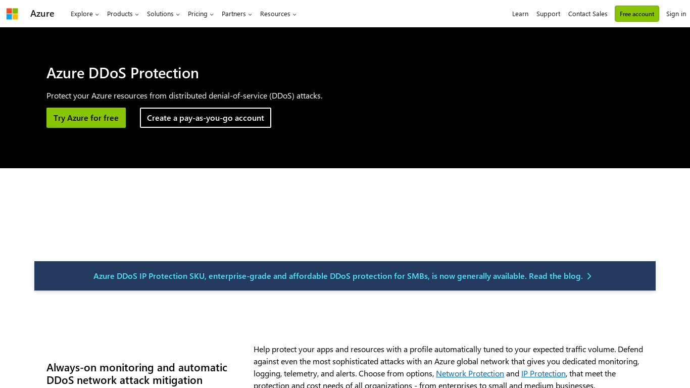 Azure DDoS Protection Landing page