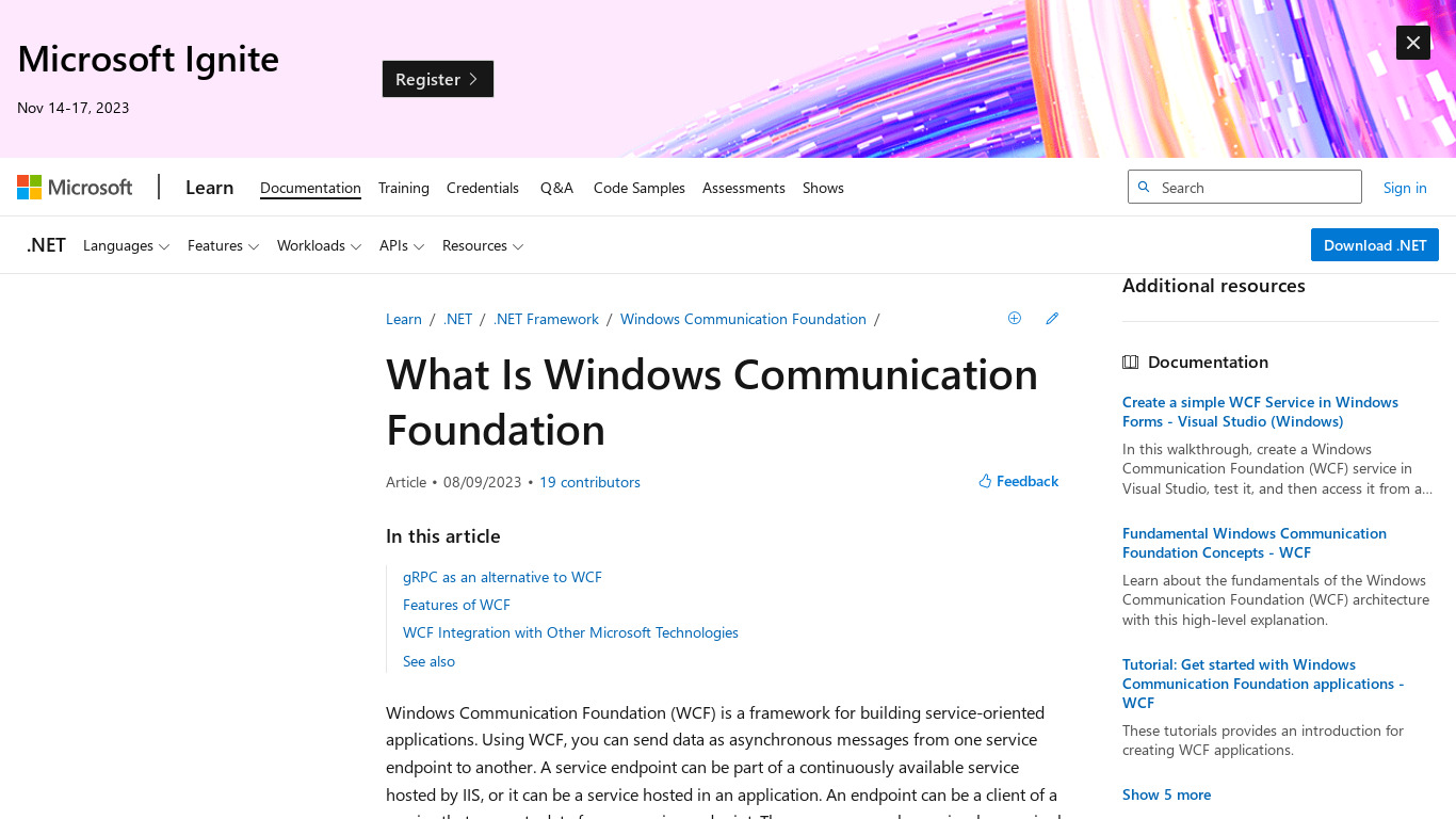 Windows Communication Foundation Landing page