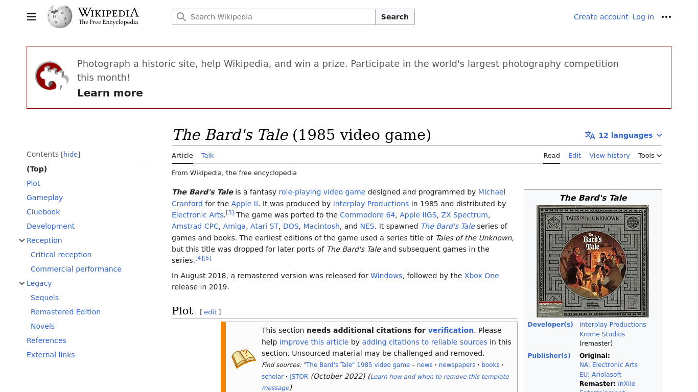 The Bard’s Tale Landing page