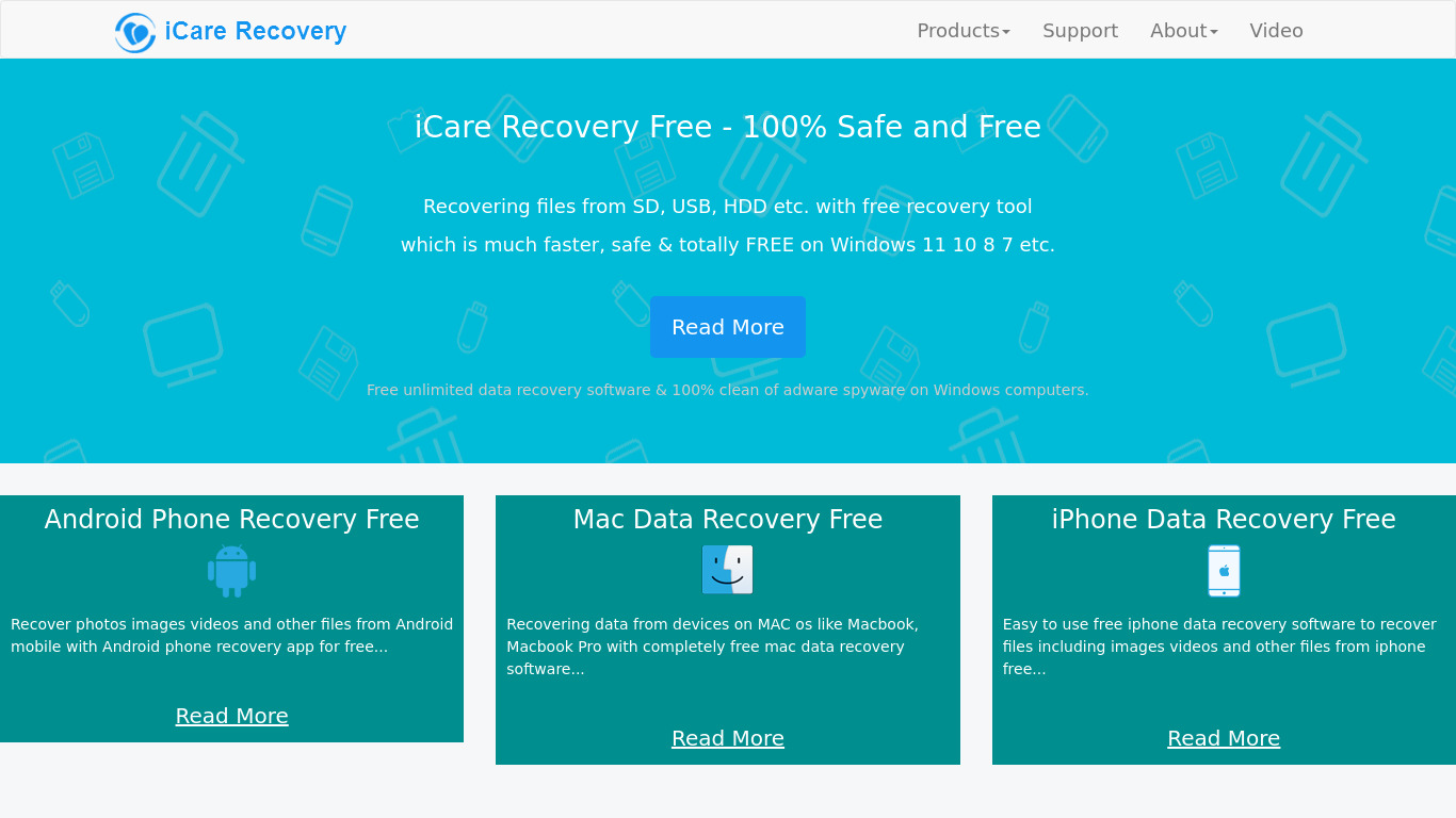 iCare Data Recovery Landing page