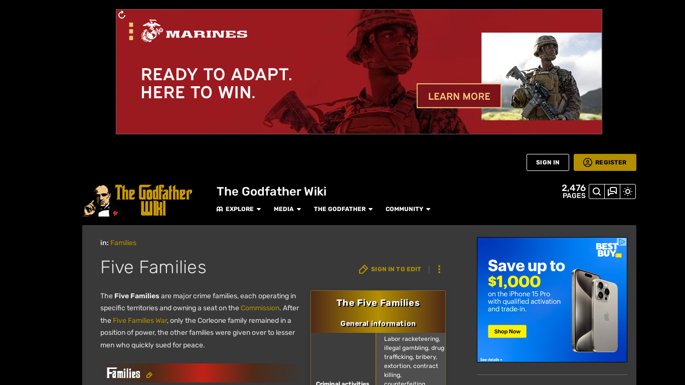 The Godfather Five Families Landing page