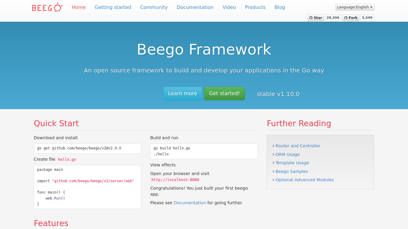 Beego Landing page