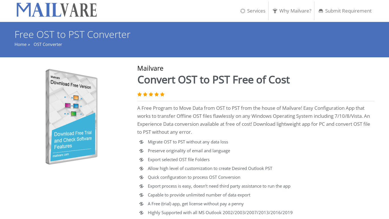MailVare OST to PST Converter Landing page