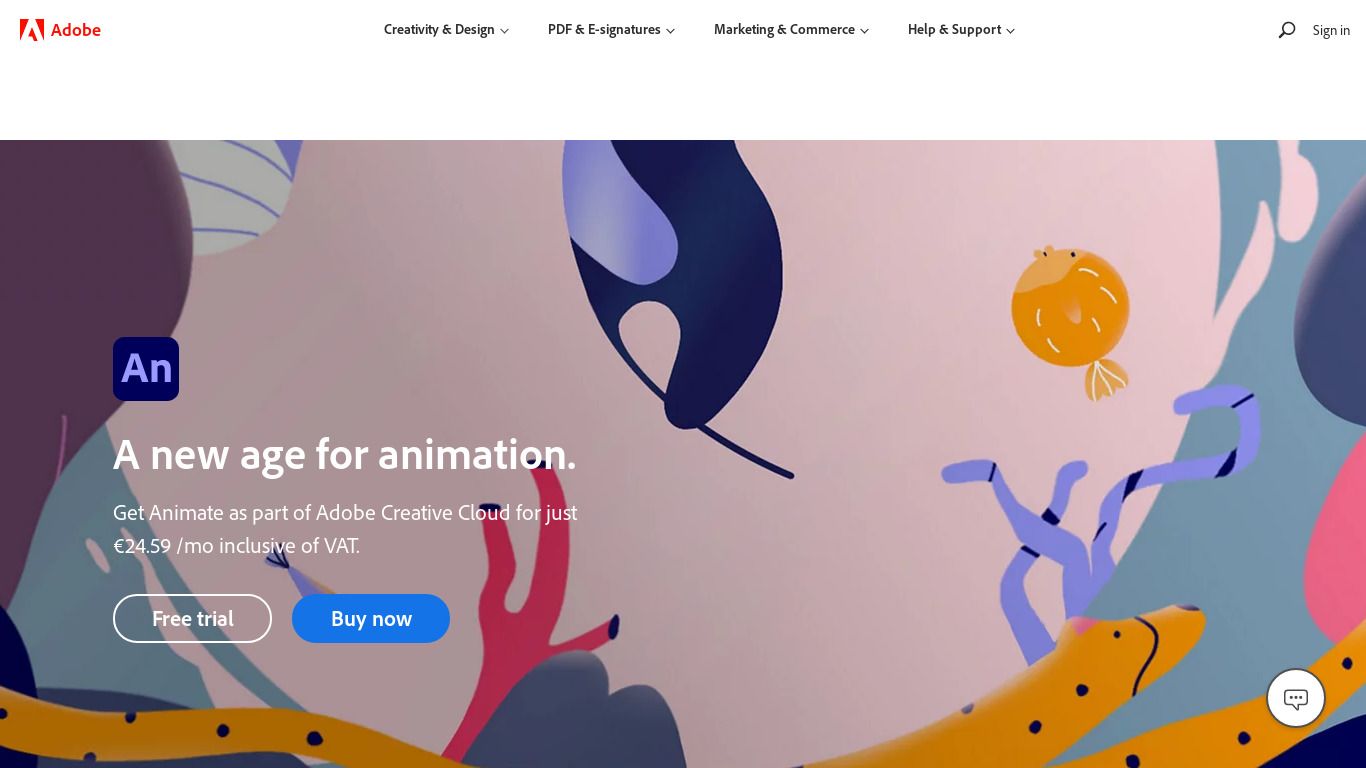Adobe Animate (formerly Flash Professional) Landing page
