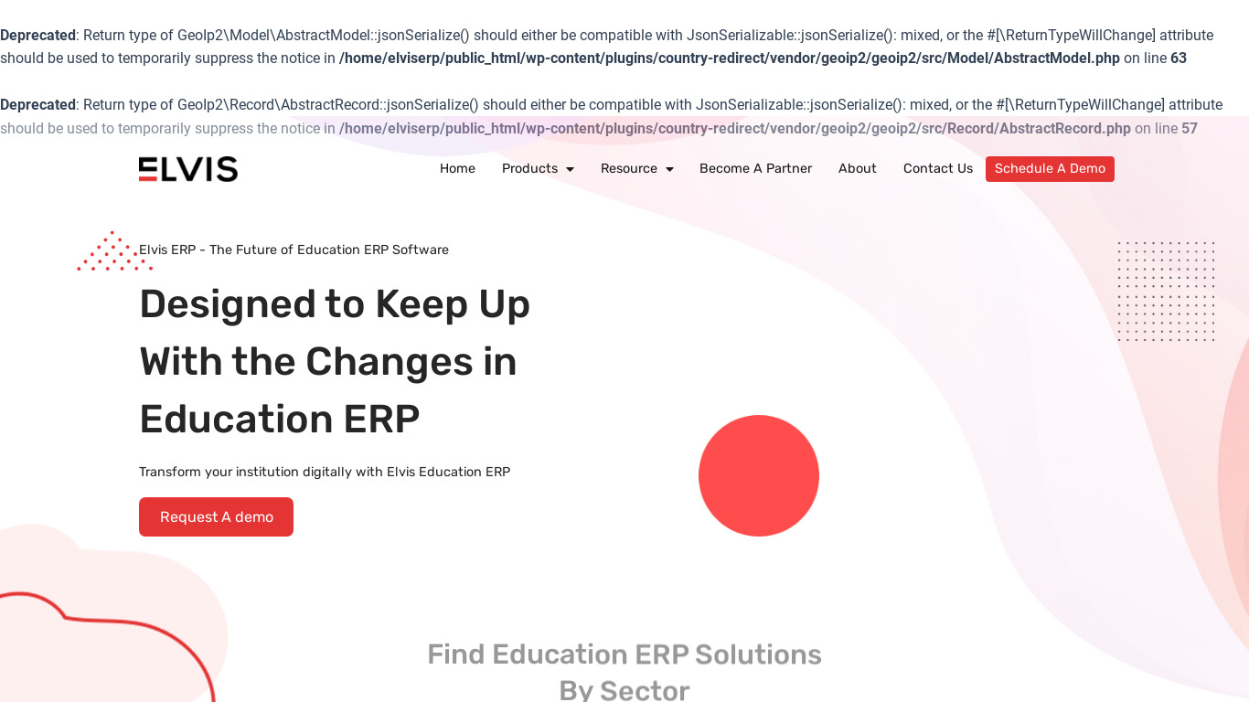 Elvis Education ERP Landing page