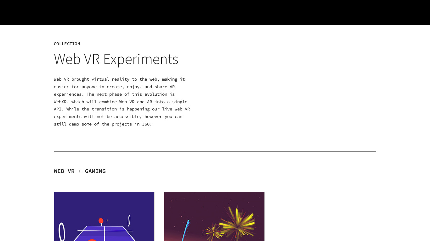WebVR Experiments by Google Landing page
