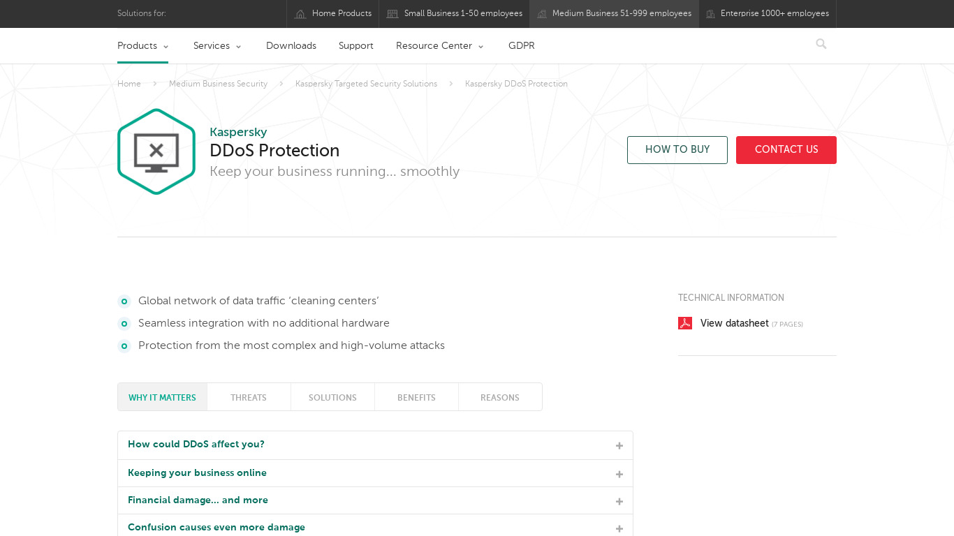 Kaspersky DDoS Protection Landing page