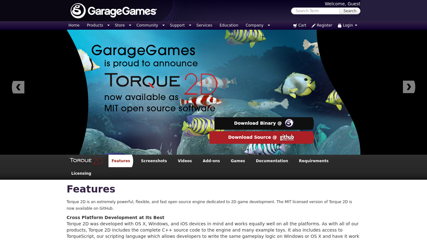 garagegames.com Torque 2D Landing page