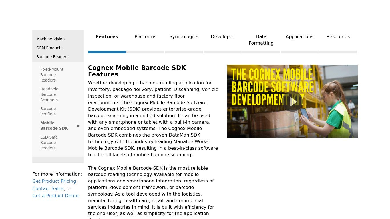 Cognex Mobile Barcode SDK Landing page