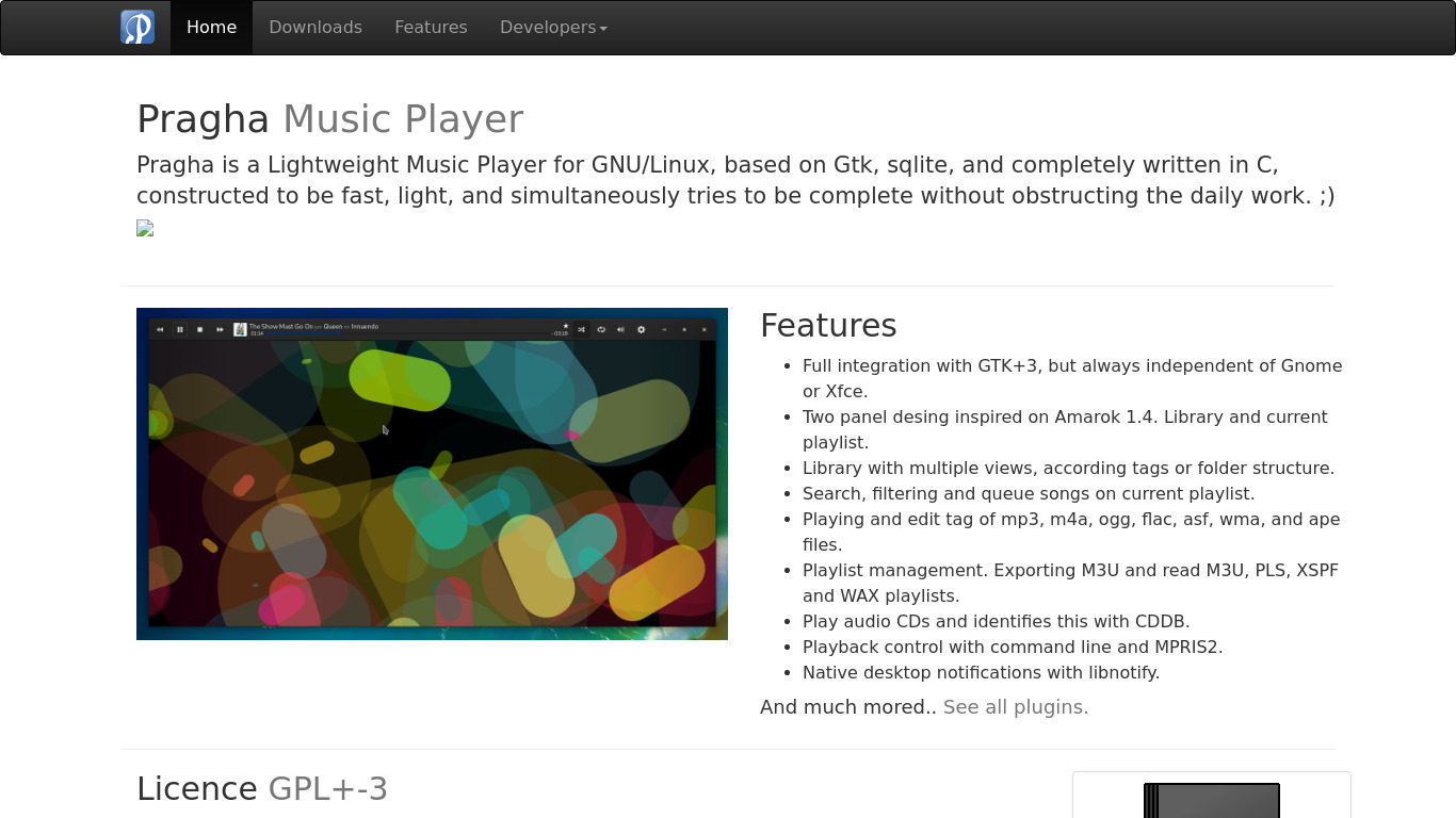 Pragha Music Player Landing page