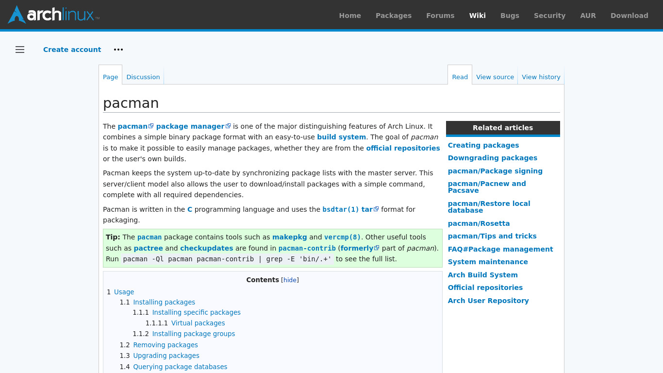 pacman (package manager) Landing page