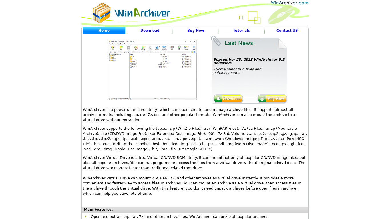 WinArchiver Virtual Drive Landing page