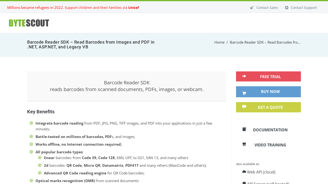 ByteScout BarCode Reader SDK Landing page