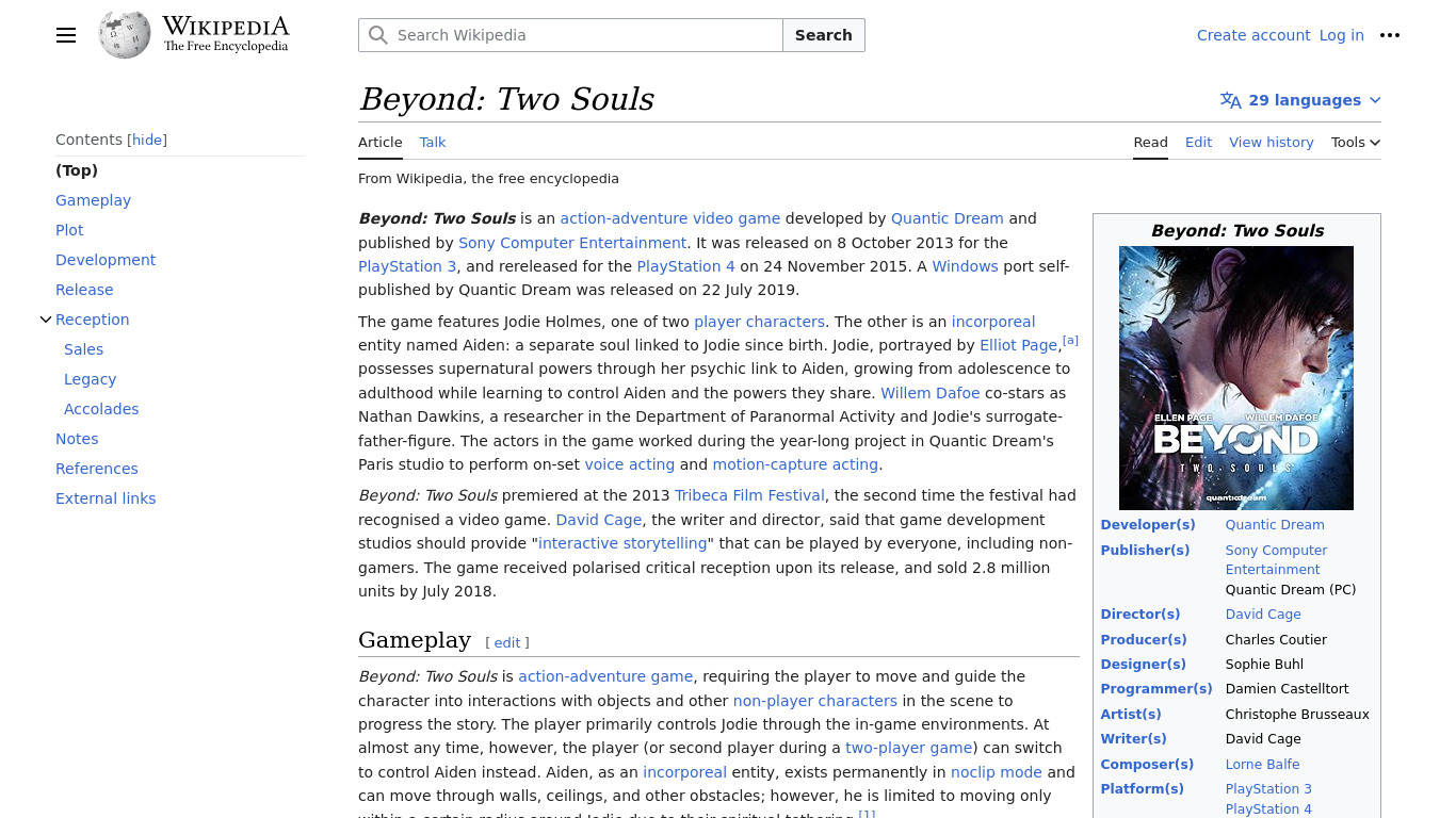 Beyond Two Souls Landing page