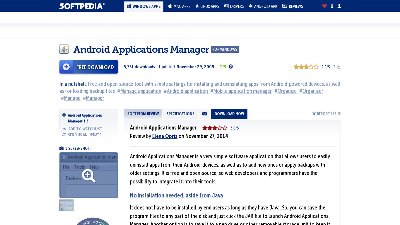 Android Applications Manager Landing page