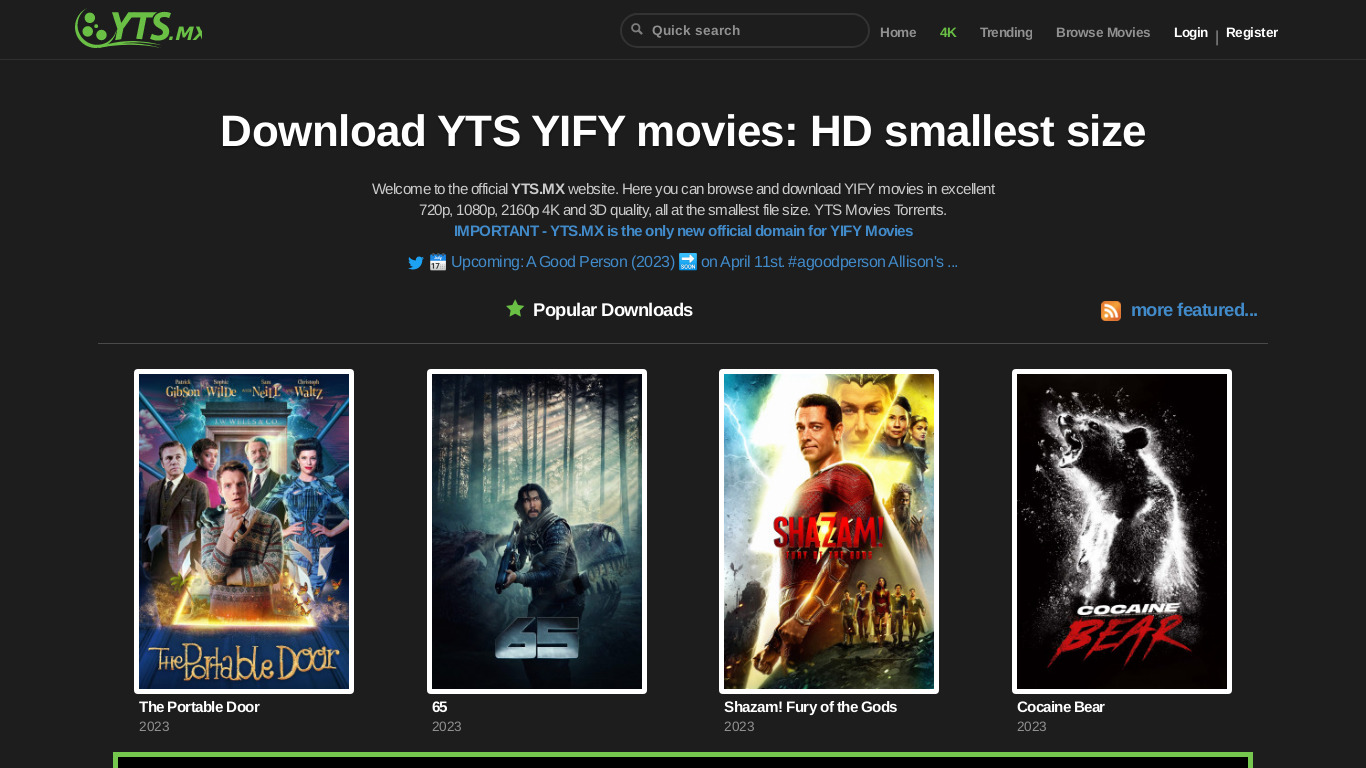 YifyTorrents Landing page