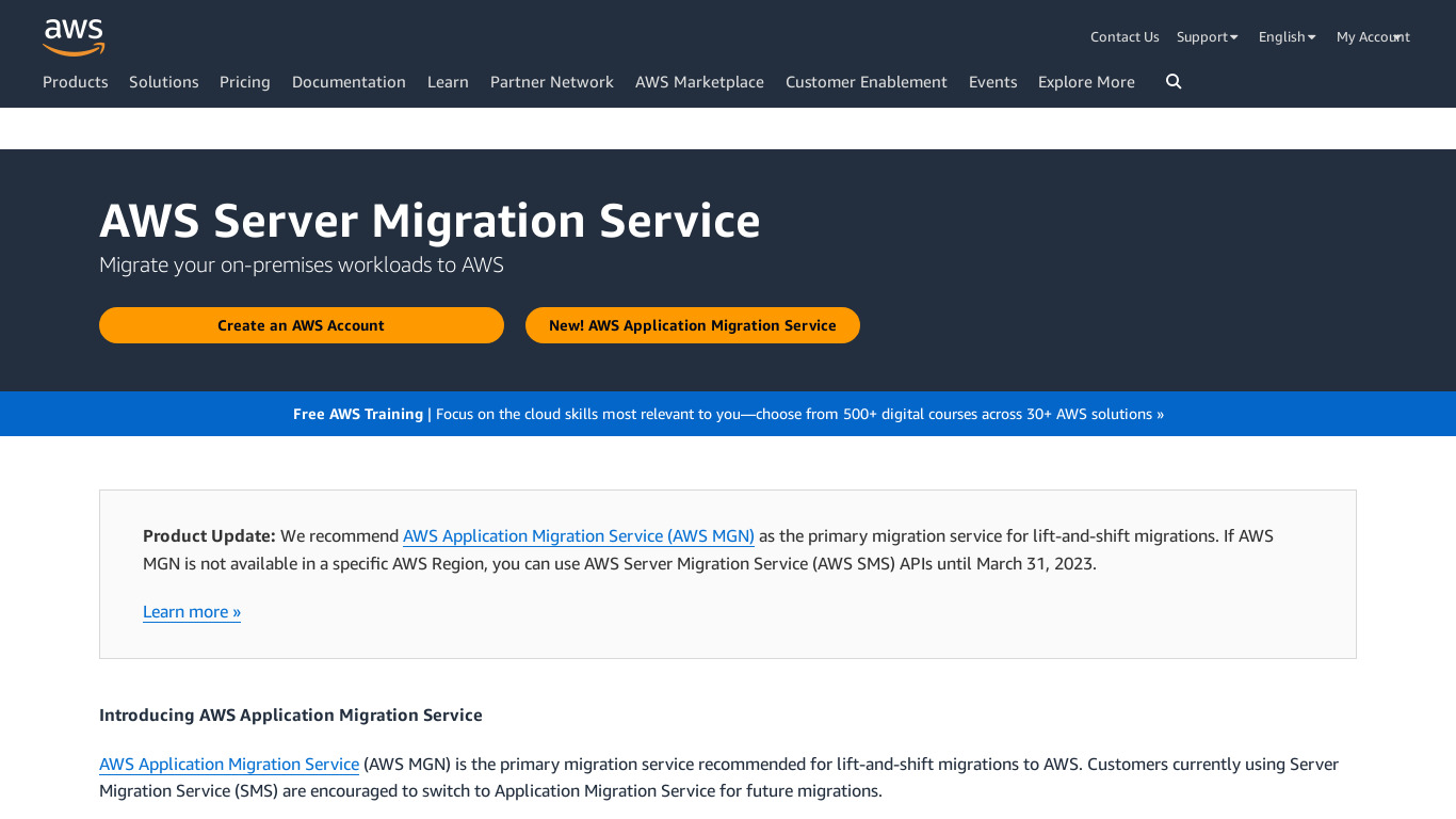 AWS Server Migration Service Landing page