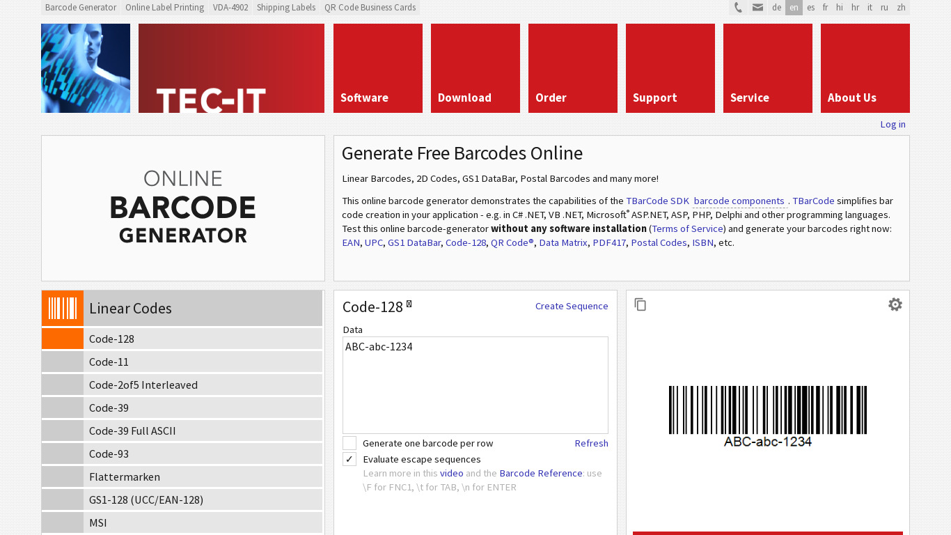 Barcode Generator Software Landing page