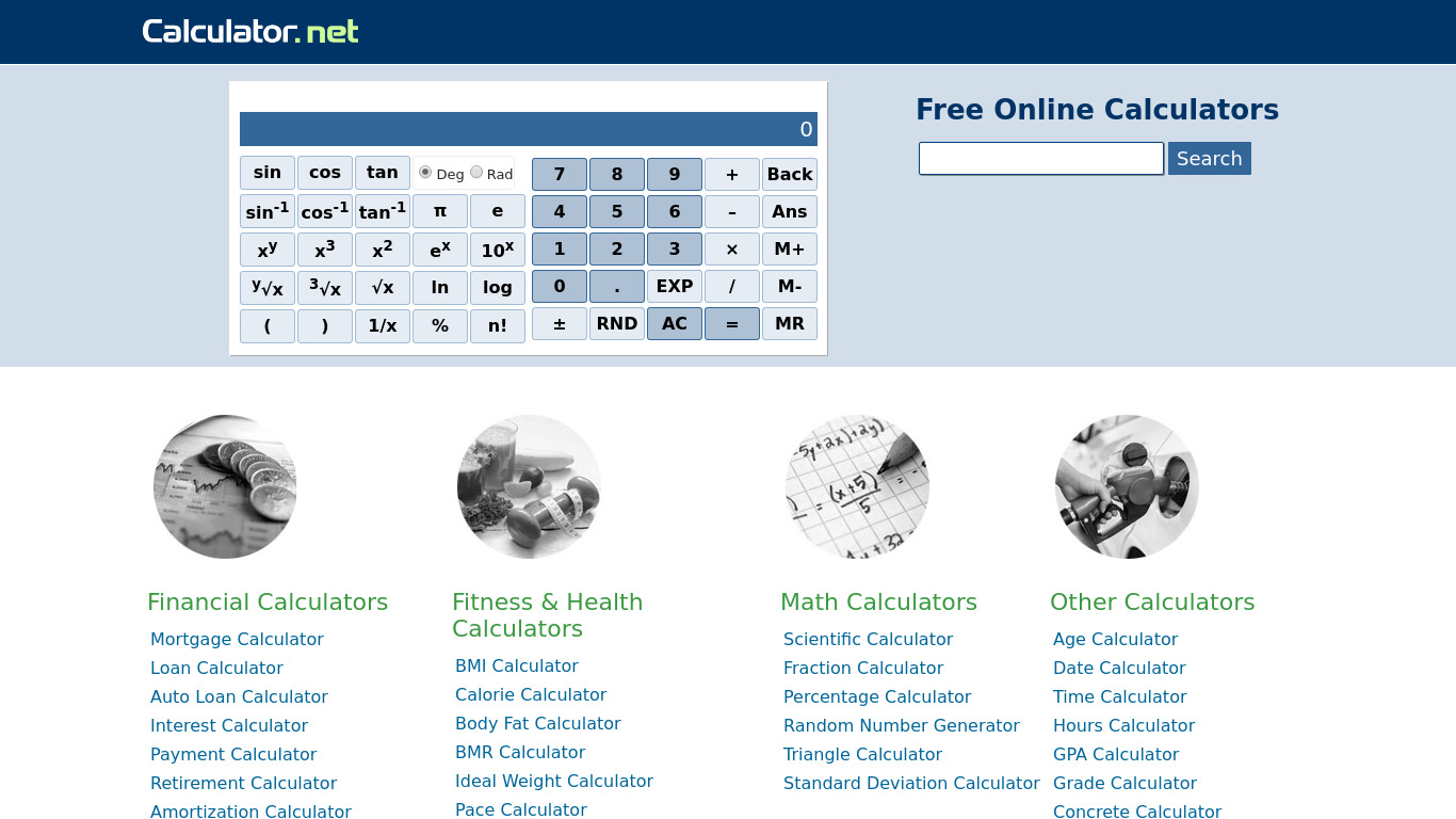 calculator.net Landing page