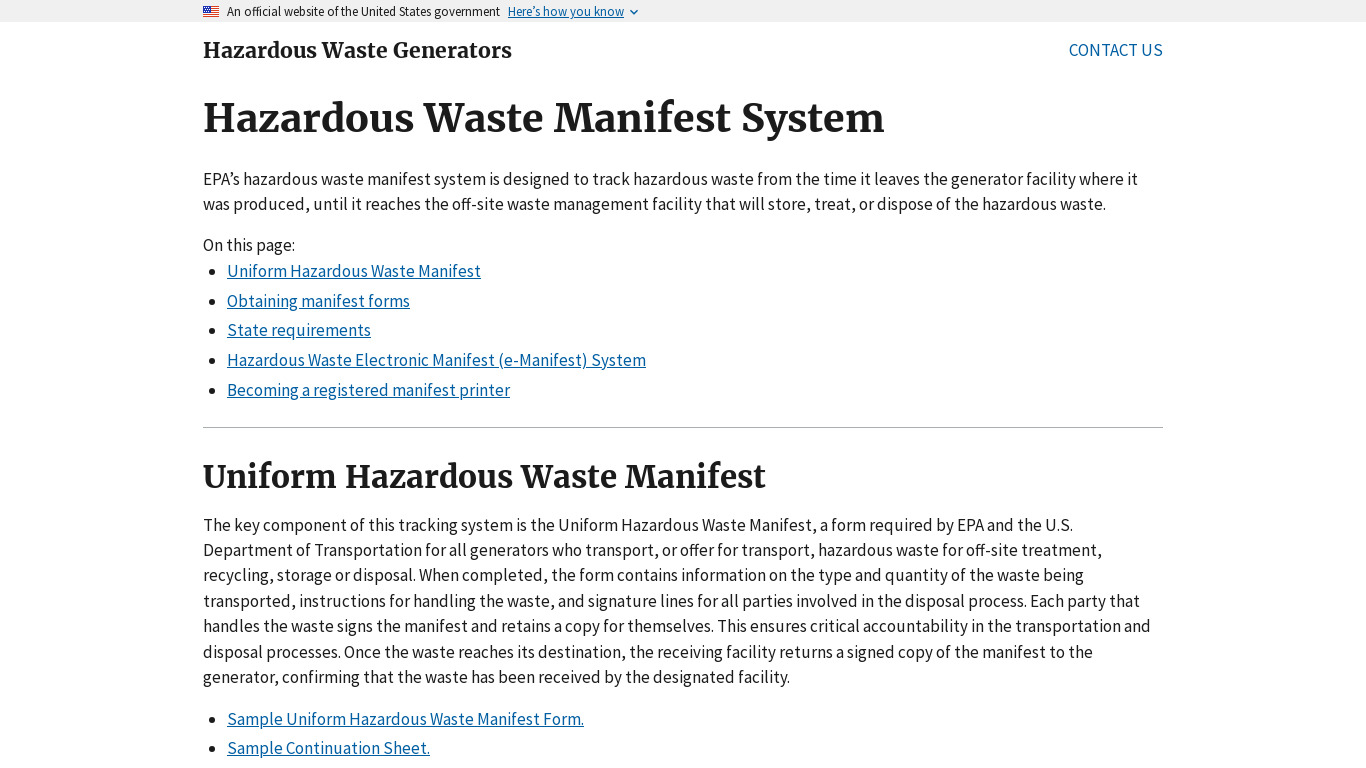 Waste Manifest Landing page