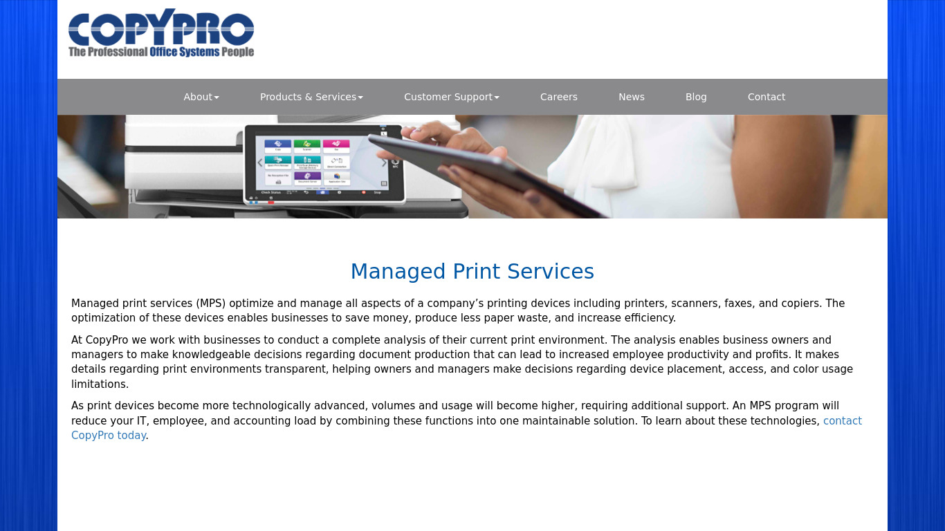 CopyPro Managed Print Services Landing page