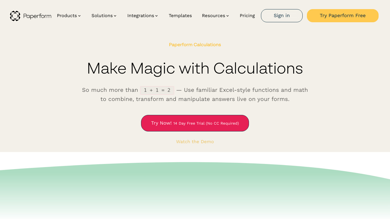 Calculations by Paperform Landing page