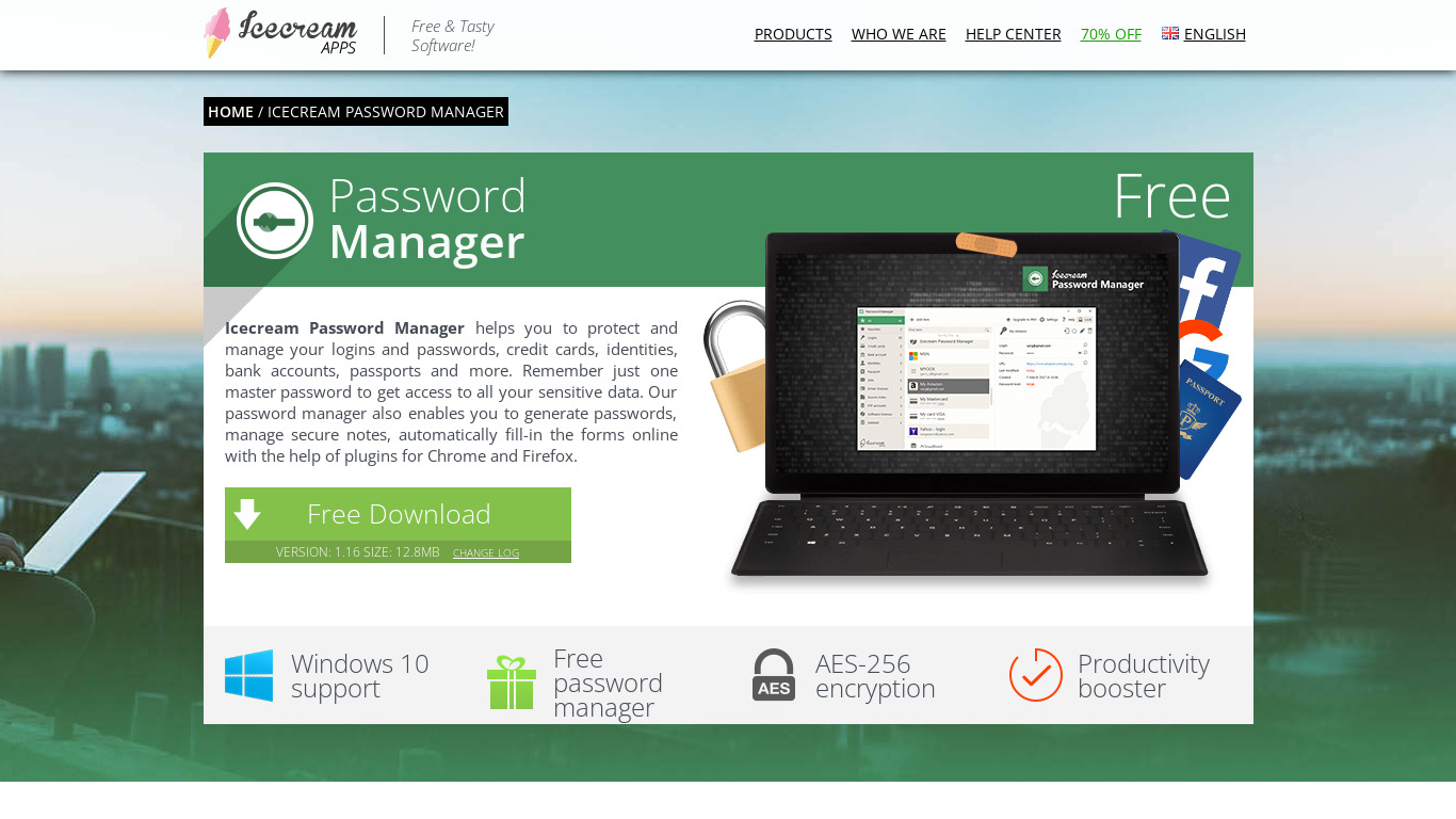 Icecream Password Manager Landing page
