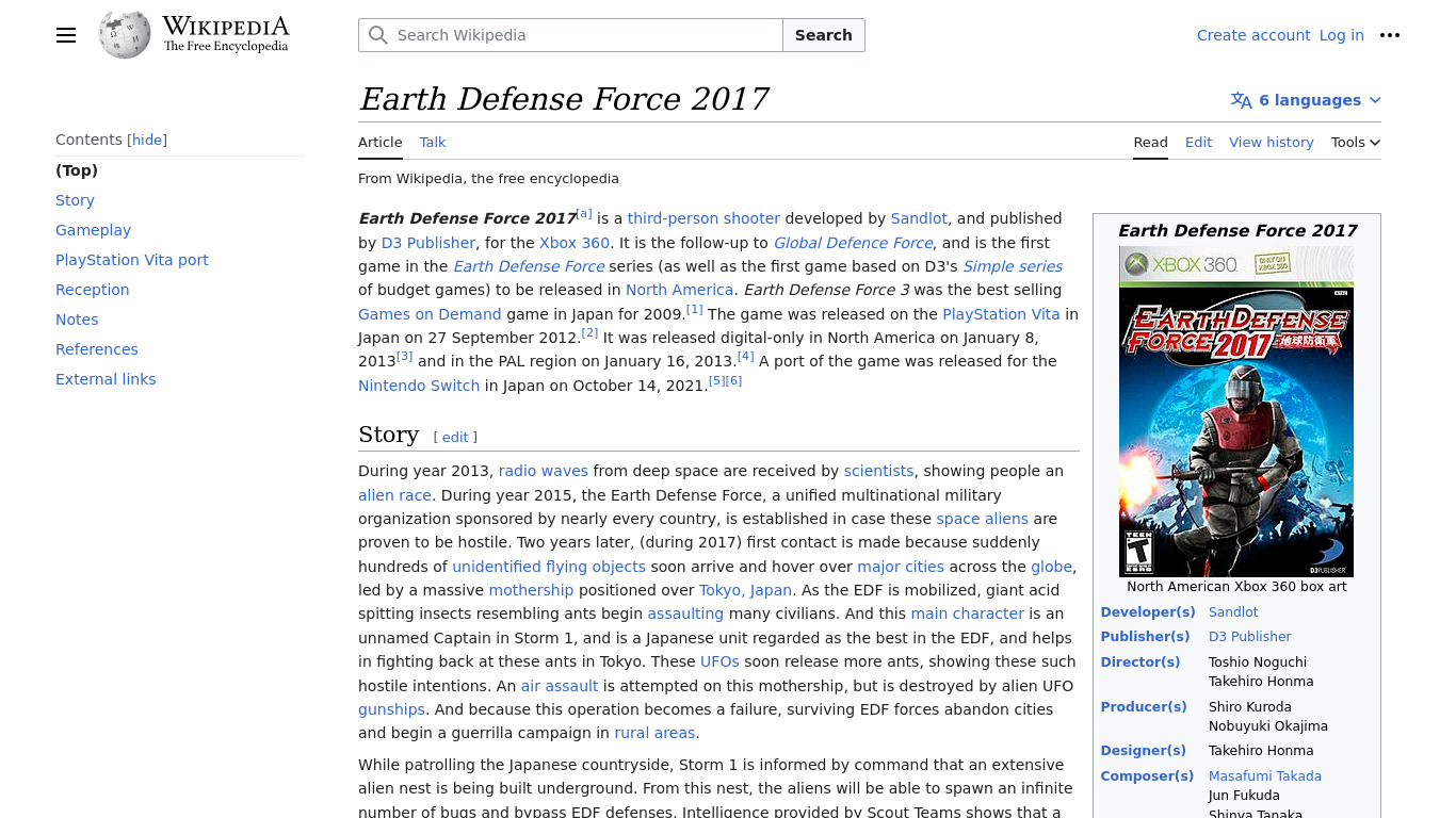 Earth Defense Force 2017 Landing page