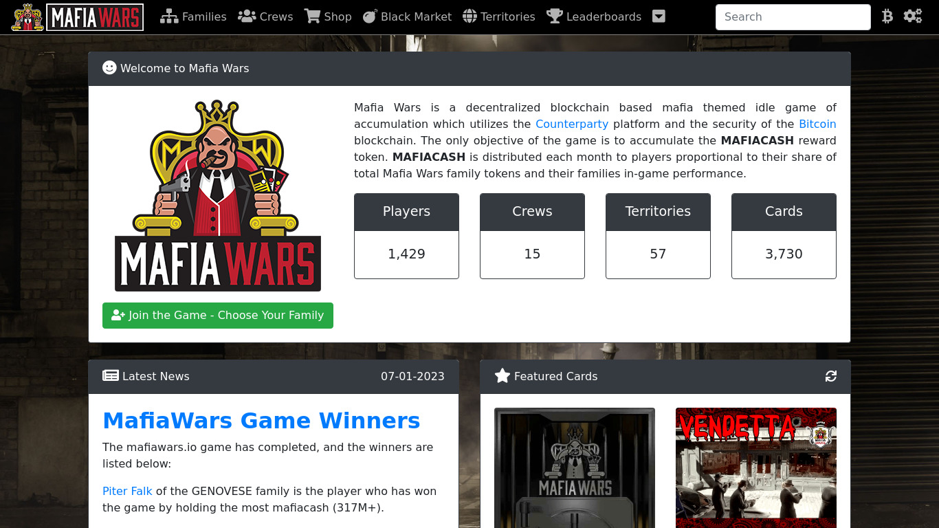 Mafia Wars Landing page