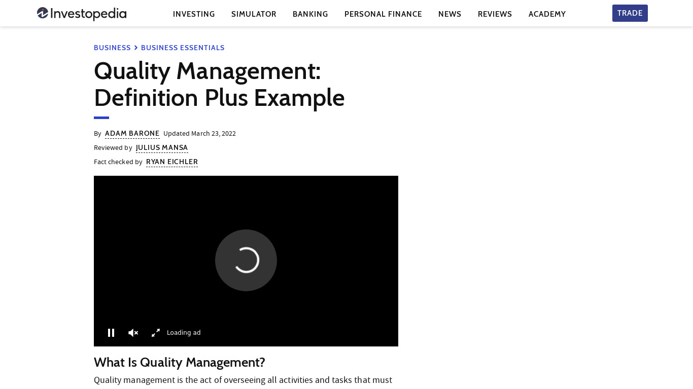 Quality management Landing page