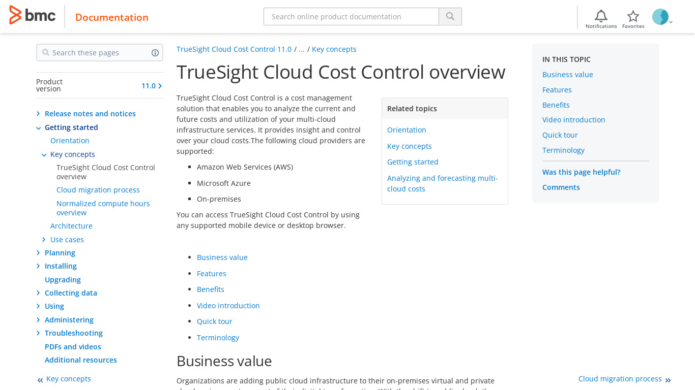 TrueSight Cloud Cost Control Landing page