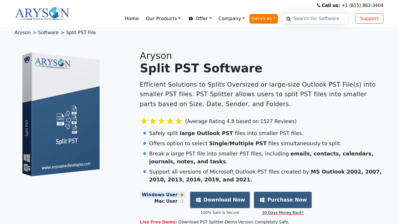 Aryson Split PST Landing page