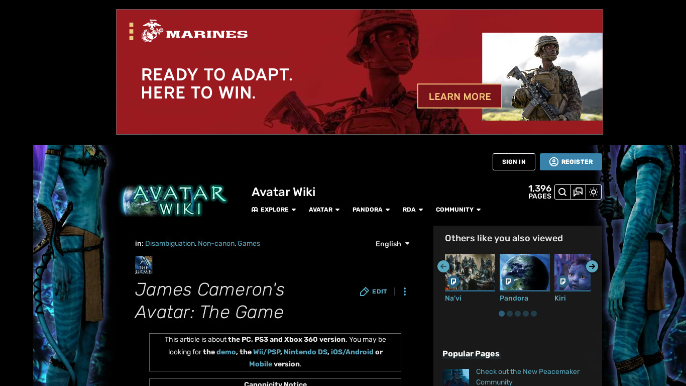 James Cameron’s Avatar: The Game Landing page