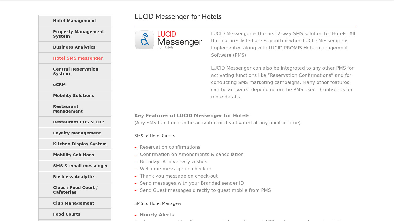 LUCID Messenger for Hotels Landing page