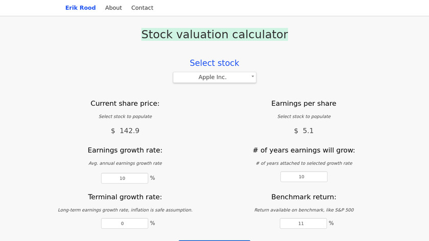 Stock valuation calculator Landing Page