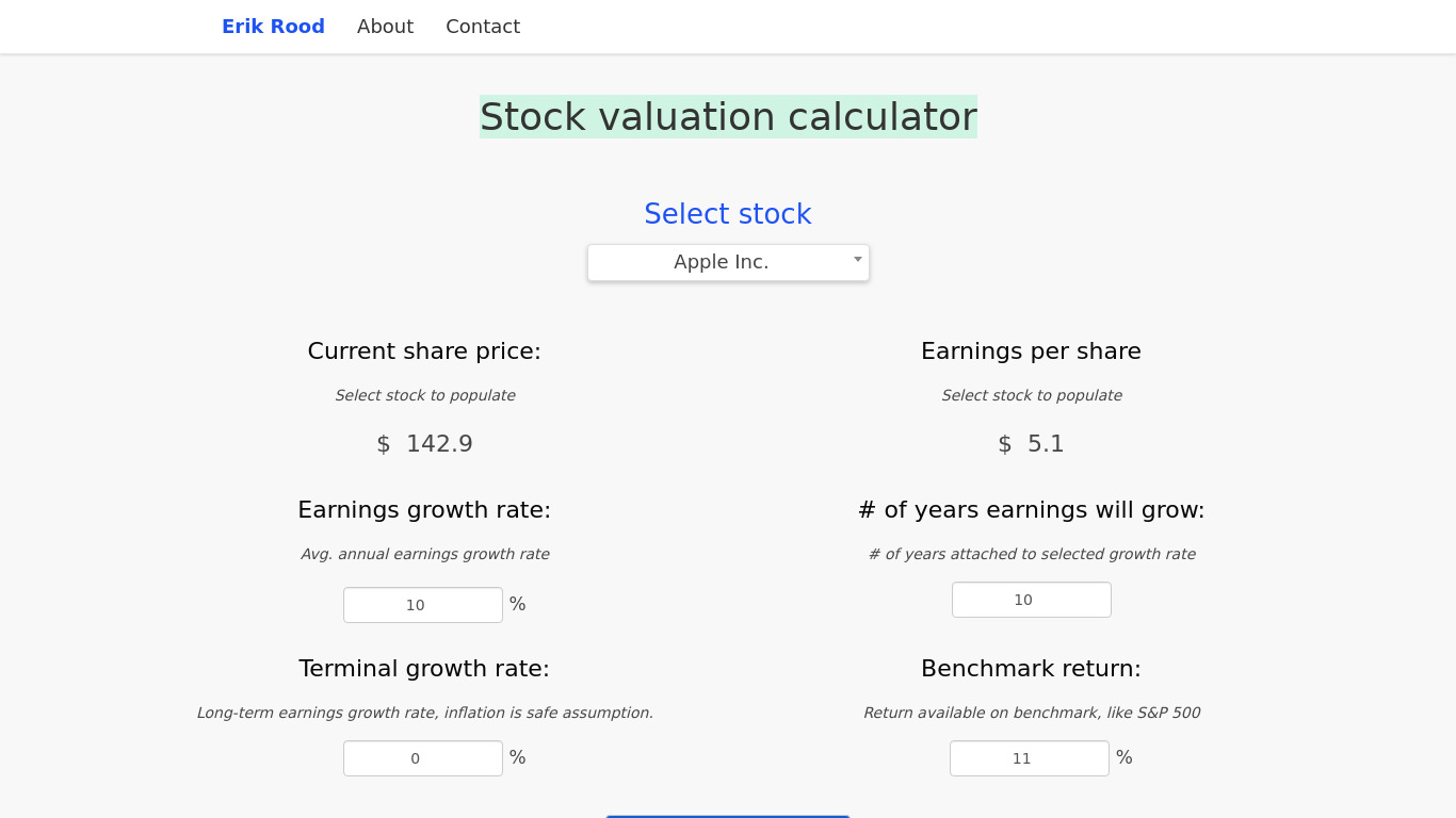 Stock valuation calculator Landing page