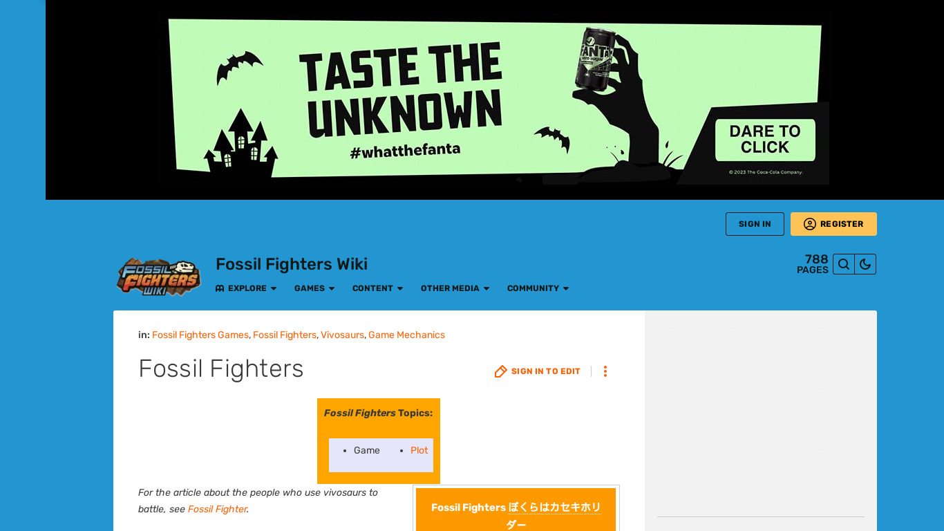 Fossil Fighters Landing page